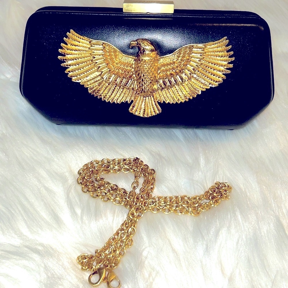 🦅NWOT Patrick Shannon🦅Black Leather🦅Gold Eagle Crossbopdy/ Clutch Purse🦅